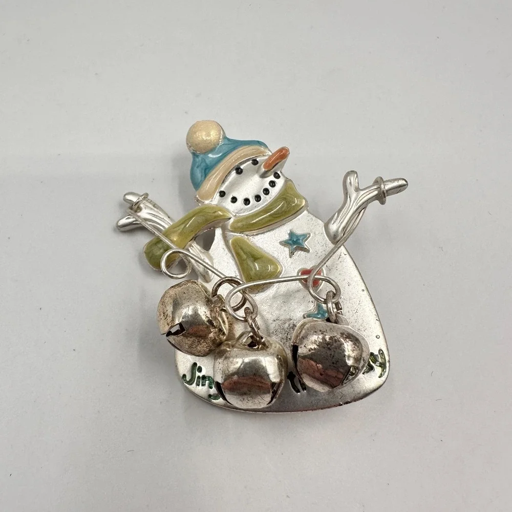 Vintage 90s Snowman Brooch Set Jingle‎ All The Way Bells Christmas Holiday Pins
